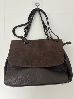 Genuine Leather Italian Handbag Brown Suede Flap Satchel Made in Italy
